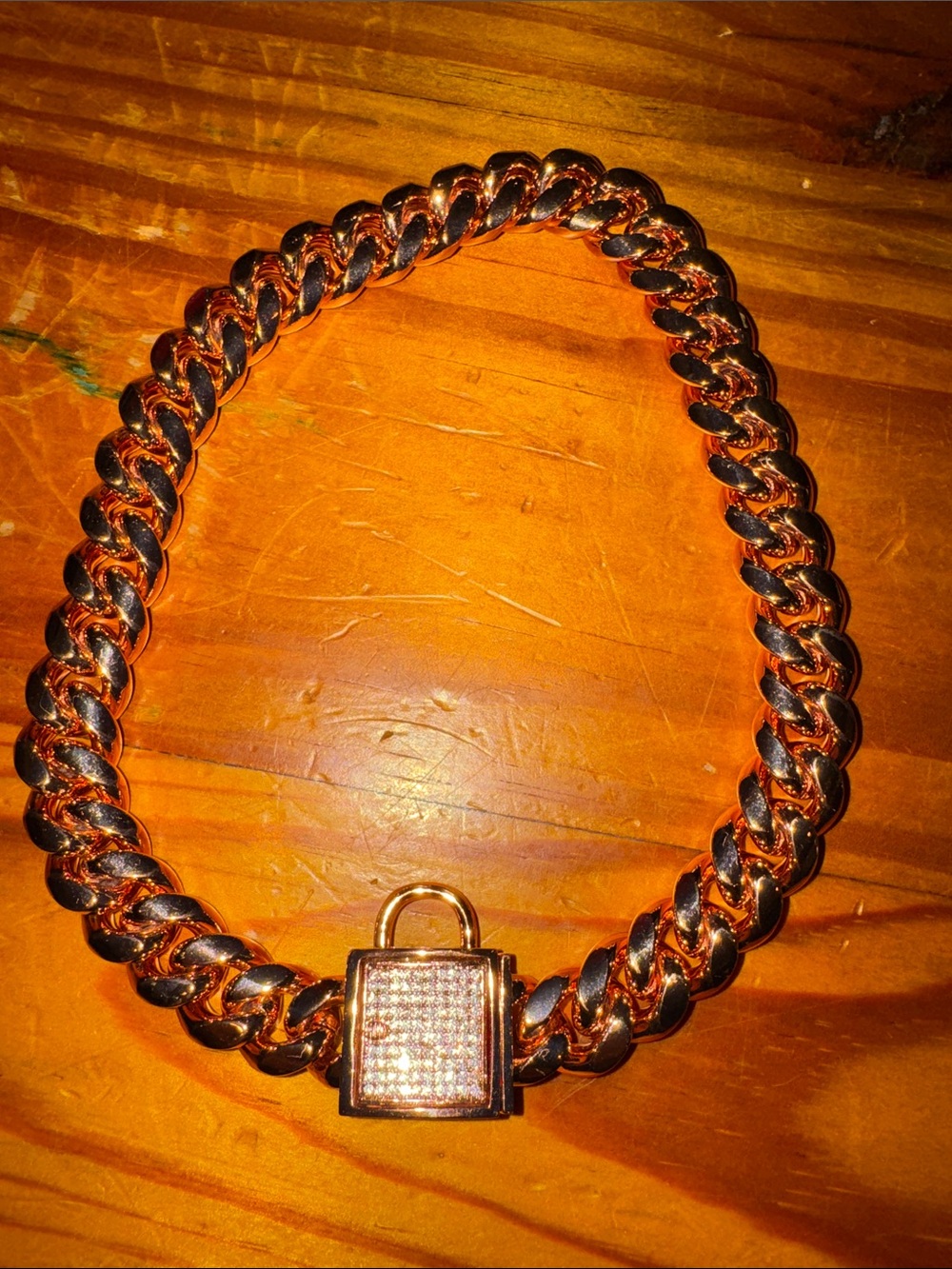 Rhinestone Padlock Curb Chain Necklace in Rose Gold
